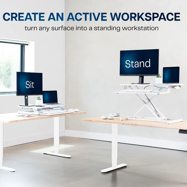 Alt view image 4 of 6 - White 32 inch Standing Desk Riser, DESK-V000SW | Height Adjustable, Stand Up Desk Converter, Quick Sit to Stand, Tabletop Dual Monitor Riser Workstation, Minimal Assembly