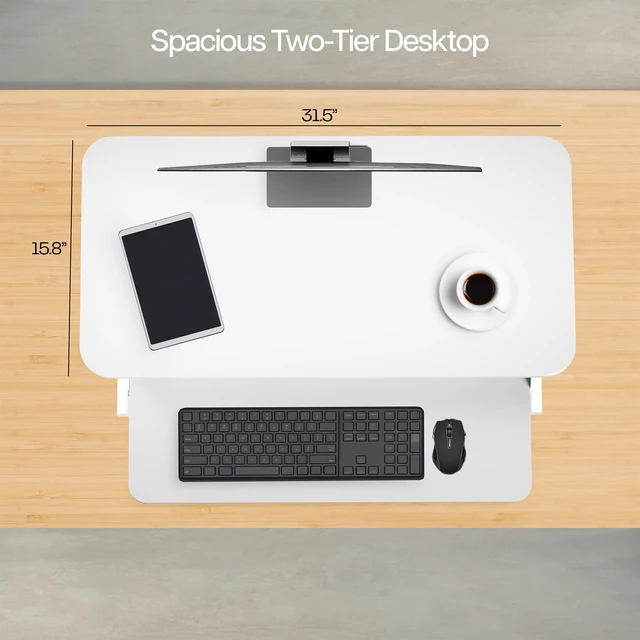 Alt view image 6 of 6 - White 32 inch Standing Desk Riser, DESK-V000SW | Height Adjustable, Stand Up Desk Converter, Quick Sit to Stand, Tabletop Dual Monitor Riser Workstation, Minimal Assembly