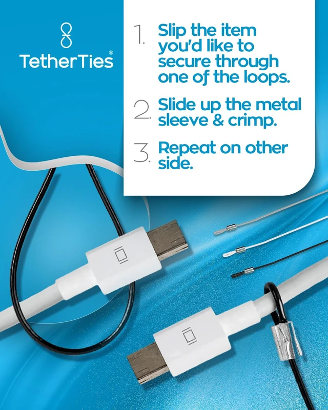 Alt view image 5 of 7 - Patented Pre-Assembled Adapter Ties - Anti-Theft Cable Locks for Tools, Dongles, Tethers, Computer adapters. Steel Cable, Security Lock, Easy Installation with Free Crimping Tool