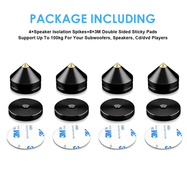 Alt view image 3 of 6 - 4Pcs Speaker Isolation Spikes Floor Protectors Shockproof Speaker Isolation Spikes with Base Pad for Speaker,Subwoofer,Amplifier,Turntable,Recorder CD DAC with 3m Adhesive (Black)