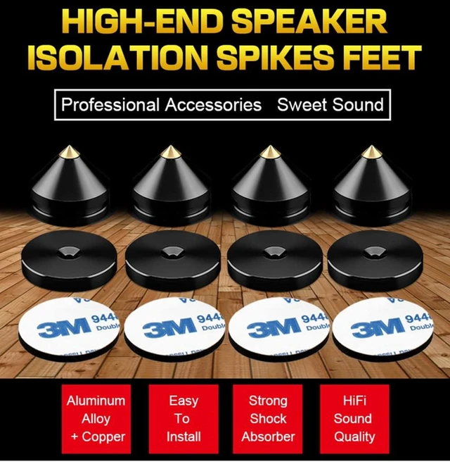 Alt view image 5 of 6 - 4Pcs Speaker Isolation Spikes Floor Protectors Shockproof Speaker Isolation Spikes with Base Pad for Speaker,Subwoofer,Amplifier,Turntable,Recorder CD DAC with 3m Adhesive (Black)