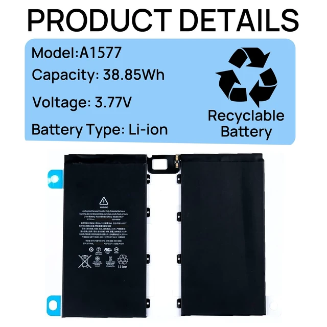 Alt view image 3 of 6 - A1577 Battery 020-00016 Compatible with iPad Pro 12.9 2015 1st Generation A1584 iPad Pro A1652 with Tools 3.77V 10307mAh