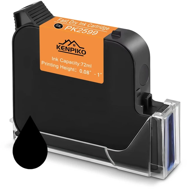 Main image of 72ml Black Fast Dry Ink Cartridge PK2599 for 1 Inch Print Height Handheld Inkjet Printer KP008, 1inch/25.4mm Solvent Quick-Drying Ink Cartridge Replacement - Black
