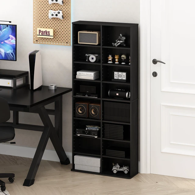 Main image of Jaya DVD Shelf, 16-Shelf Wide CD Rack, Media Shelf with Adjustable Shelves, 8 x 2 DVD Storage Cabinets for CD Blueray Game Disc, Easy Assembly, for Living Room, Home Office, Dark Americano