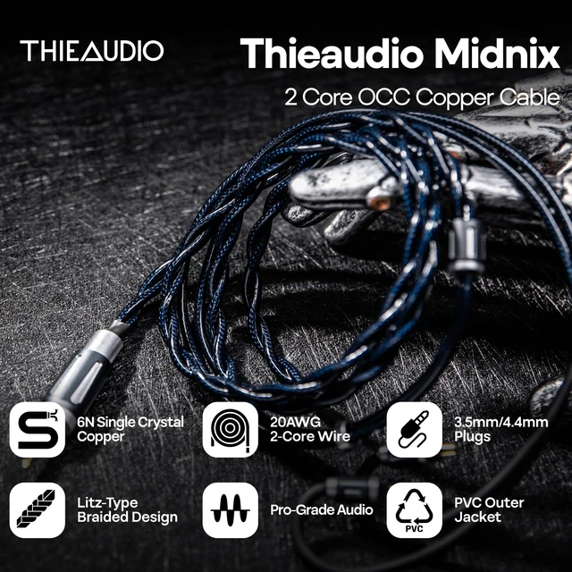 Alt view image 2 of 7 - Thieaudio Midnix 2 Core 6N Single Crystal Copper IEM Cable, 2Pin Dual 3.5mm/4.4mm Plugs, Litz Type4, 1.2M Upgrade Replacement Cord for Pro-Grade HiFi Monitor Earphones