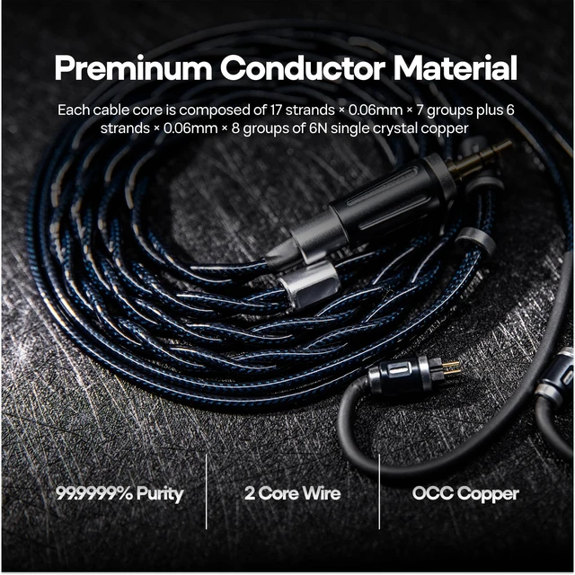 Alt view image 3 of 7 - Thieaudio Midnix 2 Core 6N Single Crystal Copper IEM Cable, 2Pin Dual 3.5mm/4.4mm Plugs, Litz Type4, 1.2M Upgrade Replacement Cord for Pro-Grade HiFi Monitor Earphones