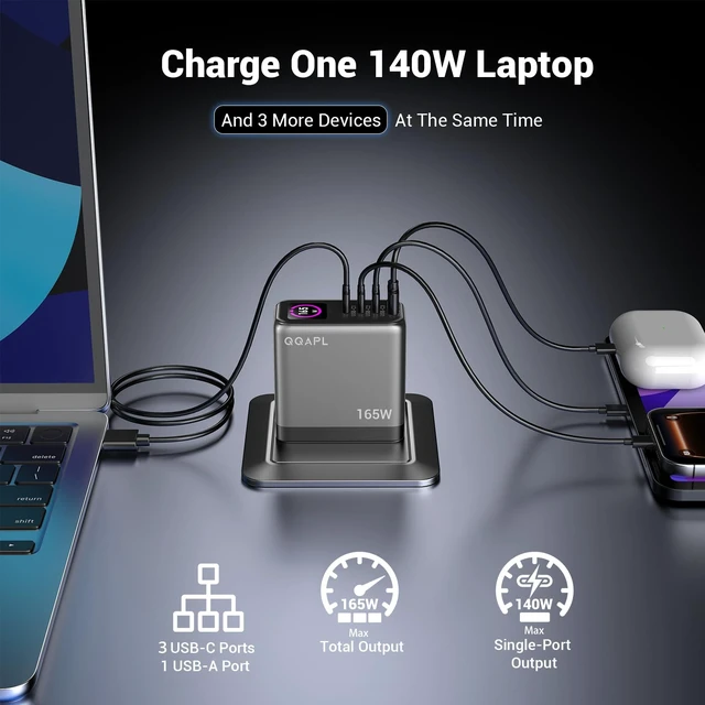 Alt view image 2 of 7 - 165W Max 4-Port GaN Charger, 140W PD for MacBook Pro/Air Smart Display, Touch Control, AVS PPS Fast Charging for iPhone 18/17/16,Samsung Galaxy(+5FT 240W Cable)