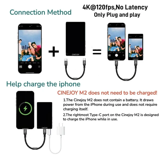 Alt view image 3 of 7 - CineJoy M2 Wired Selfie Monitor Screen,for iPhone 15/16/17 (Not for 17air) Wired Connection, No Charging Required, No Battery, Zero Latency 4K 120fps with Mic Port for TikTok Live Streaming(Pink)