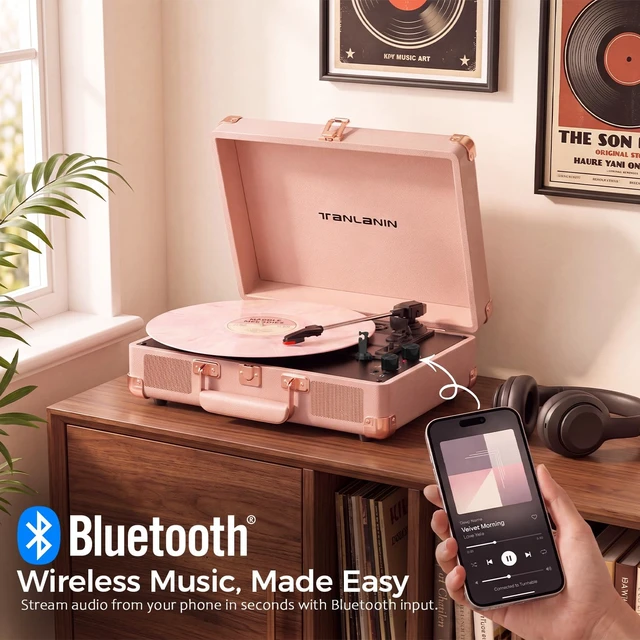 Alt view image 2 of 7 - Portable Record Player with Bluetooth Input, 3-Speed Belt-Drive Suitcase Turntable, Built-in Stereo Speakers, Bass/Treble Control, RCA Output, AUX Input & Headphone Jack, Pastel Pink