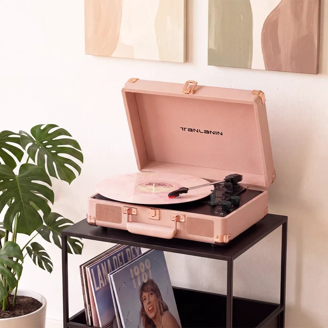 Alt view image 7 of 7 - Portable Record Player with Bluetooth Input, 3-Speed Belt-Drive Suitcase Turntable, Built-in Stereo Speakers, Bass/Treble Control, RCA Output, AUX Input & Headphone Jack, Pastel Pink