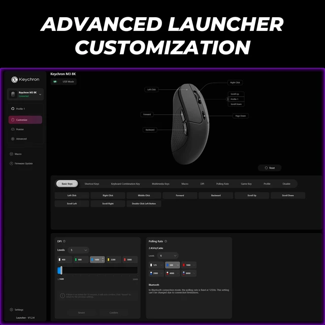 Alt view image 3 of 7 - M3 8K Wireless Mouse, PixArt 3950 Sensor Launcher Support 30K DPI, 2.4 GHz & Bluetooth 5.3, 79g Ergonomic Design Computer Mice, Up to 140 Hours Using for macOS Windows - Black