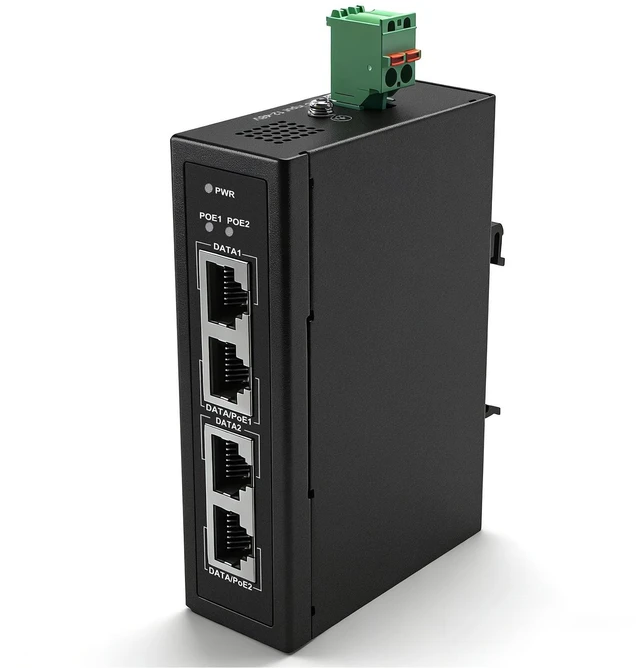 Main image of POE302IT 2-Port 60W Gigabit Industrial PoE++ Injector Hardened industrial housing, IEEE 802.3af/at compliant, 1248V DC input, 48V PoE midspan + standard DIN rail mounting support