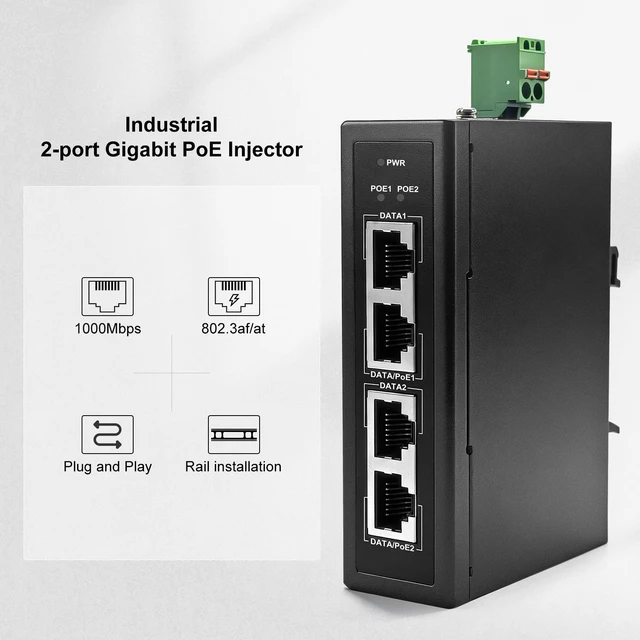 Alt view image 2 of 7 - POE302IT 2-Port 60W Gigabit Industrial PoE++ Injector Hardened industrial housing, IEEE 802.3af/at compliant, 1248V DC input, 48V PoE midspan + standard DIN rail mounting support