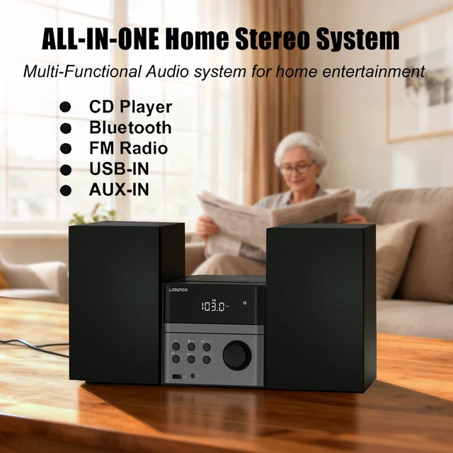 Alt view image 3 of 7 - Home CD Stereo Shelf System, 30W Micro HiFi System with Bluetooth CD Player, FM Radio, USB Playback, AUX-in, Headphone Jack, Remote Control, DSP