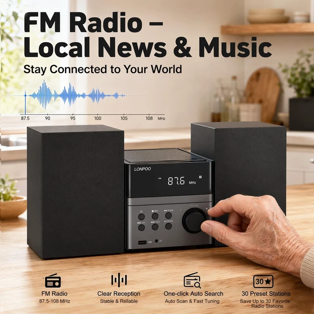 Alt view image 4 of 7 - Home CD Stereo Shelf System, 30W Micro HiFi System with Bluetooth CD Player, FM Radio, USB Playback, AUX-in, Headphone Jack, Remote Control, DSP