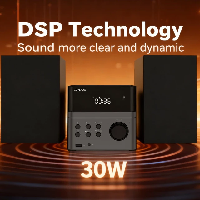 Alt view image 5 of 7 - Home CD Stereo Shelf System, 30W Micro HiFi System with Bluetooth CD Player, FM Radio, USB Playback, AUX-in, Headphone Jack, Remote Control, DSP