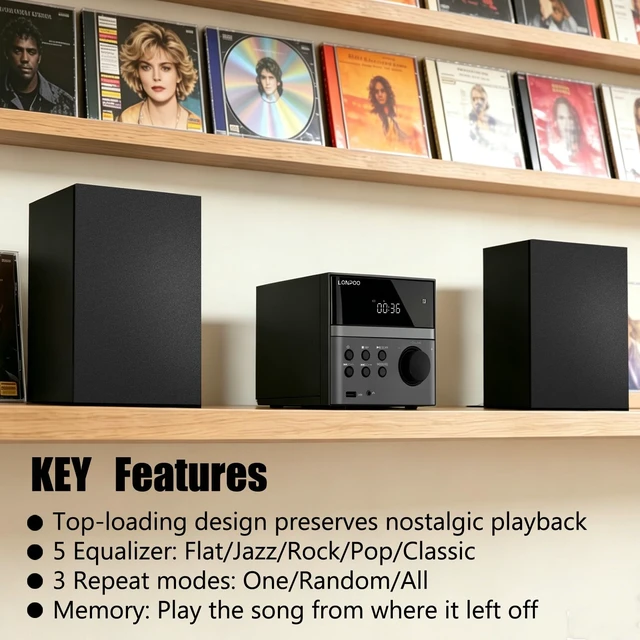 Alt view image 6 of 7 - Home CD Stereo Shelf System, 30W Micro HiFi System with Bluetooth CD Player, FM Radio, USB Playback, AUX-in, Headphone Jack, Remote Control, DSP