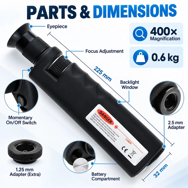 Alt view image 7 of 7 - 400x Handheld Fiber Optic Microscope Inspection Tool Portable Microscope Fiber Optic Tools Lighted Pocket Microscope LED Light Coaxial Illumination 2.5mm FC SC ST and 1.25mm LC Adapter