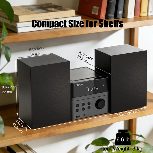 Alt view image 7 of 7 - Home CD Stereo Shelf System, 30W Micro HiFi System with Bluetooth CD Player, FM Radio, USB Playback, AUX-in, Headphone Jack, Remote Control, DSP