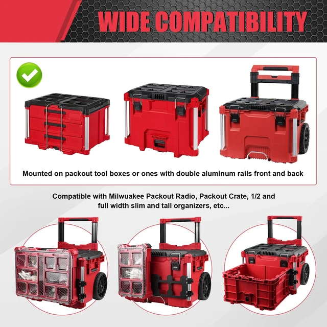 Alt view image 2 of 6 - Mounting Plate Compatible with Milwaukee PACKOUT Tool Boxes, Front Rail Organizer Bracket for Rolling Tool Box, Aluminum Storage Mount for Organizers, Crates, Radio & Toolbox Accessories
