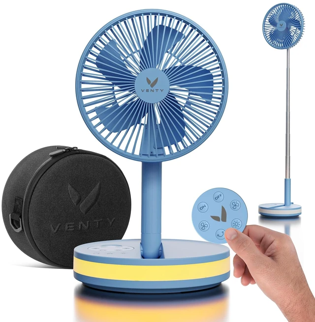 Main image of Portable Fan - Wireless Battery Operated Fan - 4 Speeds - LED Lighting - Carry Case & Remote Control - Cruise Travel - Outdoor Travel RV Power Bank With USB-C Port (Blue with Case)