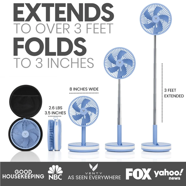 Alt view image 3 of 7 - Portable Fan - Wireless Battery Operated Fan - 4 Speeds - LED Lighting - Carry Case & Remote Control - Cruise Travel - Outdoor Travel RV Power Bank With USB-C Port (Blue with Case)