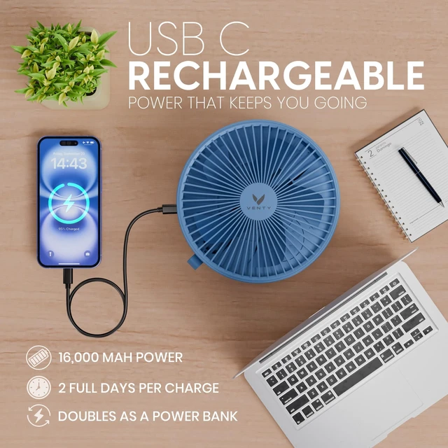 Alt view image 7 of 7 - Portable Fan - Wireless Battery Operated Fan - 4 Speeds - LED Lighting - Carry Case & Remote Control - Cruise Travel - Outdoor Travel RV Power Bank With USB-C Port (Blue with Case)