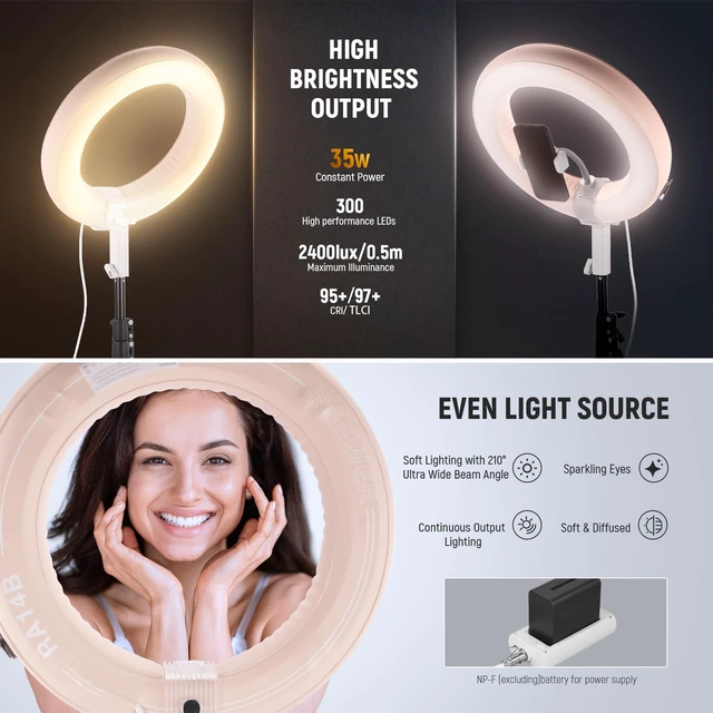 Alt view image 2 of 7 - 14" Inflatable Large Ring Light with Tripod Stand/Phone Holder/Remote, 35W Portable LED Ringlight 2900-6500K 2400lux CRI95+ for iPhone Selfie Streaming Video Recording Makeup Lash Studio, RA14B