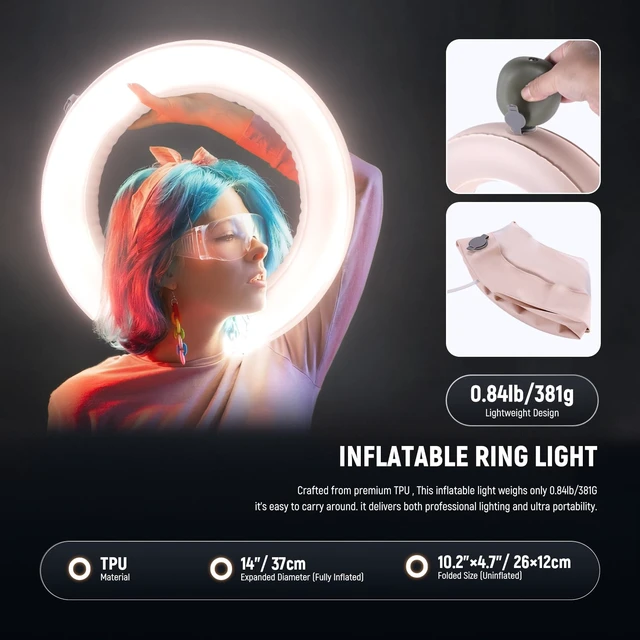 Alt view image 5 of 7 - 14" Inflatable Large Ring Light with Tripod Stand/Phone Holder/Remote, 35W Portable LED Ringlight 2900-6500K 2400lux CRI95+ for iPhone Selfie Streaming Video Recording Makeup Lash Studio, RA14B