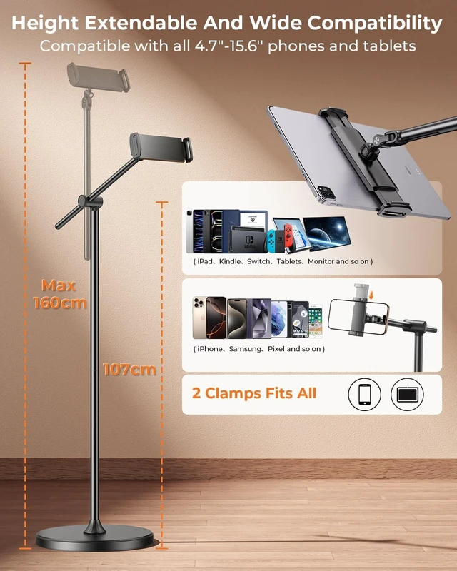 Alt view image 6 of 6 - [Height-Adjustable & 360° Rotation Tablet Floor Stand Stable Base Aluminum Alloy iPad Stand Floor Holder for iPad Mini Air Pro 12.9/9.7, Monitor, Kindle, iPhone 18, Cell Phones (4.7"-15.6")