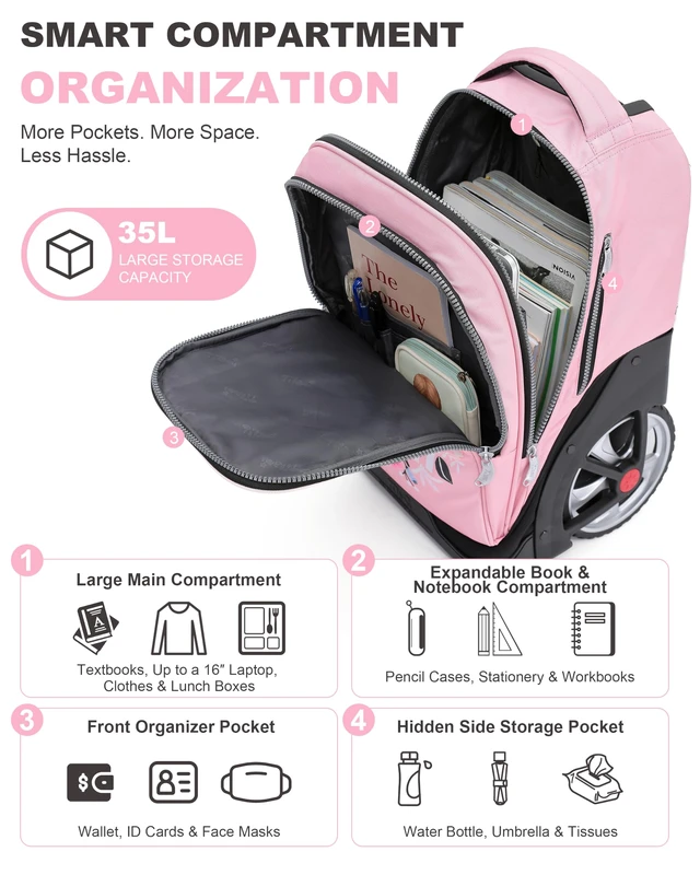 Alt view image 3 of 7 - 19 Inch Rolling Backpack for School Stair-Climbing Big Wheel Teen Boys Girls Carry-on Suitcase Large Organizer Compartment 15.6 Laptop Sleeve Adjustable Handle Roller Travel Bag College
