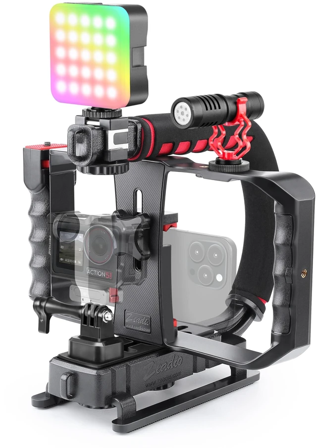 Main image of Smartphone Camera Stabilizer, All-in-One Video Rig Kit with Phone Cage, RGB Video Light, Microphone, Action Camera Adapter, Compatible with Smartphones, Action Camera, DSLR, Cameras etc