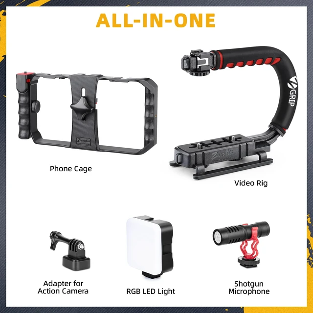 Alt view image 2 of 7 - Smartphone Camera Stabilizer, All-in-One Video Rig Kit with Phone Cage, RGB Video Light, Microphone, Action Camera Adapter, Compatible with Smartphones, Action Camera, DSLR, Cameras etc
