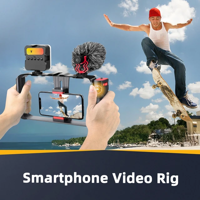 Alt view image 6 of 7 - Smartphone Camera Stabilizer, All-in-One Video Rig Kit with Phone Cage, RGB Video Light, Microphone, Action Camera Adapter, Compatible with Smartphones, Action Camera, DSLR, Cameras etc