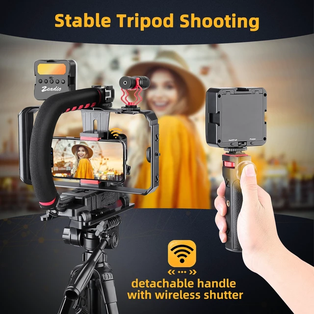 Alt view image 5 of 7 - Smartphone Camera Stabilizer, All-in-One Video Rig Kit with Phone Cage, RGB Video Light, Microphone, Action Camera Adapter, Compatible with Smartphones, Action Camera, DSLR, Cameras etc