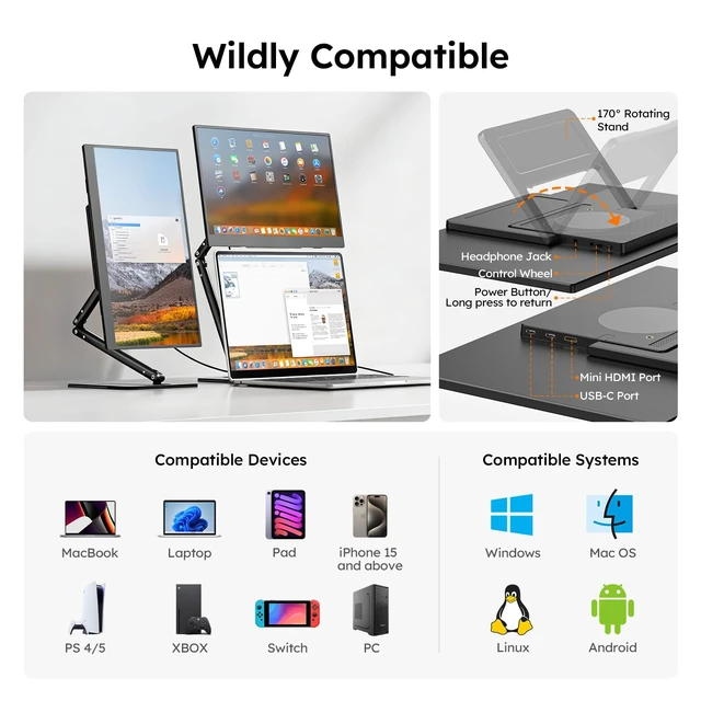 Alt view image 6 of 7 - 15.6" Portable Monitor with Stand FHD 1080P IPS Travel Monitor for Laptop Magnetic Foldable Stand & Protective Case Included, USB-C & HDMI Screen Extender for Laptop Mac PC Phone Xbox PS4/5 Switch