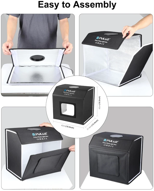 Alt view image 6 of 7 - Portable Light Box Photography, 16"x12"x16" Professional 3200-6500k Dimmable Photo Box with 320 LED Lights & 4 Color PVC Backdrops for Jewelry and Small Item Product Photography
