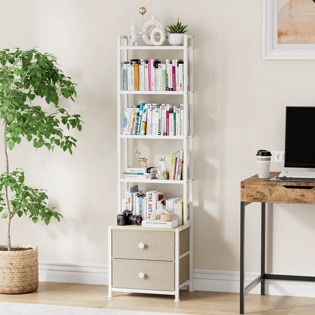 Alt view image 6 of 7 - CD Storage Rack with Drawer, 5-Tier DVD Organizer Shelf w/Adjustable Book Stoppers, Media Storage Rack for CD/DVD, Books & Games, Ideal for Living Room & Home Office 15.7x11.8x56.5Inches