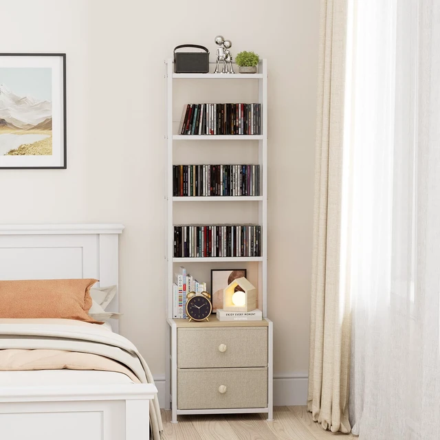 Alt view image 7 of 7 - CD Storage Rack with Drawer, 5-Tier DVD Organizer Shelf w/Adjustable Book Stoppers, Media Storage Rack for CD/DVD, Books & Games, Ideal for Living Room & Home Office 15.7x11.8x56.5Inches