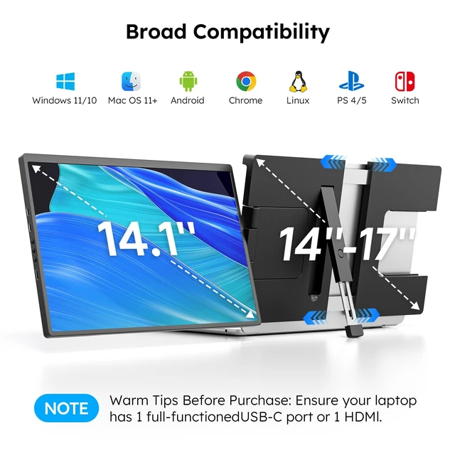 Alt view image 3 of 7 - 14.1" FHD 1200P Laptop Screen Extender Dual Monitor for 14-17" 16:10 Matte IPS Display Fits 14-17" Laptops, USB-C & HDMI, Lightweight Foldable, Plug & Play for Win, Mac, Android, Switch