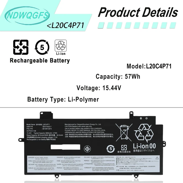 Alt view image 2 of 7 - L20C4P71 L20M4P71 L20D4P71 Battery for Lenovo ThinkPad X1 Carbon 9th Gen 10th Gen & X1 Yoga 6th 7th Gen Series SB10T83217 5B10W13974 L20L4P71 SB10T83216 5B10W13973 5B10W13975