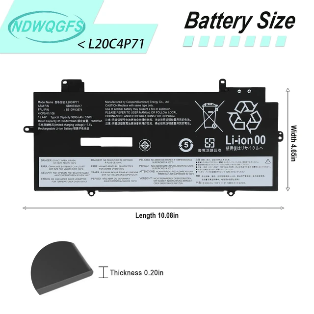 Alt view image 4 of 7 - L20C4P71 L20M4P71 L20D4P71 Battery for Lenovo ThinkPad X1 Carbon 9th Gen 10th Gen & X1 Yoga 6th 7th Gen Series SB10T83217 5B10W13974 L20L4P71 SB10T83216 5B10W13973 5B10W13975