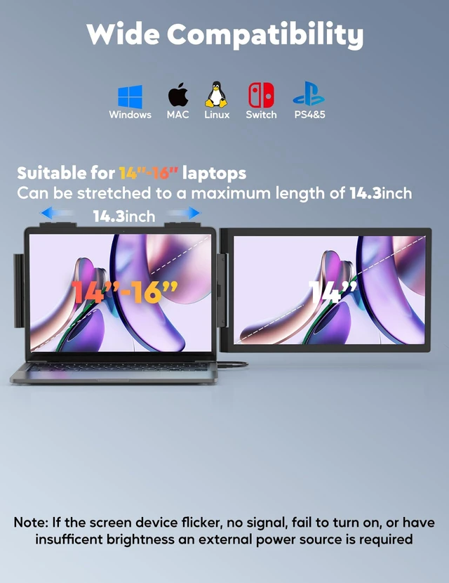 Alt view image 6 of 7 - 14'' Laptop Screen Extender, FHD 1080P IPS Dual Display Portable Monitor for 14-16'' Laptops, USB-C/HDMI, Plug and Play for Windows, Mac, Android, Switch and PS5