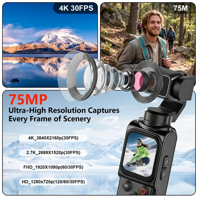 Alt view image 2 of 7 - 4K Vlogging Camera Portable Pocket Camera, 4K/30FPS with 75MP Photo, 330° Rotating Lens & Face Tracking, 1.7'' Touch Screen, Wi-Fi, 18x Digital Zoom, for YouTube TikTok, Includes 128GB Card&Tripod
