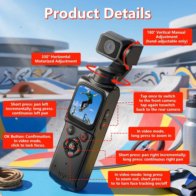 Alt view image 4 of 7 - 4K Vlogging Camera Portable Pocket Camera, 4K/30FPS with 75MP Photo, 330° Rotating Lens & Face Tracking, 1.7'' Touch Screen, Wi-Fi, 18x Digital Zoom, for YouTube TikTok, Includes 128GB Card&Tripod