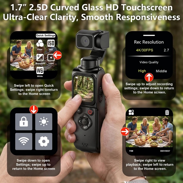 Alt view image 3 of 7 - 4K Vlogging Camera Portable Pocket Camera, 4K/30FPS with 75MP Photo, 330° Rotating Lens & Face Tracking, 1.7'' Touch Screen, Wi-Fi, 18x Digital Zoom, for YouTube TikTok, Includes 128GB Card&Tripod