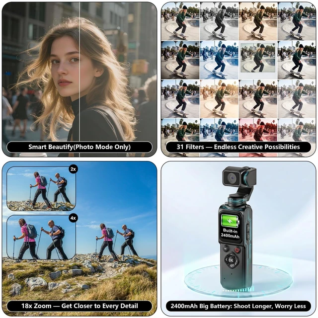 Alt view image 7 of 7 - 4K Vlogging Camera Portable Pocket Camera, 4K/30FPS with 75MP Photo, 330° Rotating Lens & Face Tracking, 1.7'' Touch Screen, Wi-Fi, 18x Digital Zoom, for YouTube TikTok, Includes 128GB Card&Tripod
