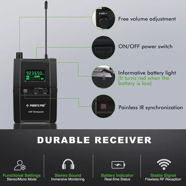 Alt view image 3 of 4 - PTM-10 Stereo Wireless in Ear Monitor System Bodypack Receiver, Performance with 89 Adjustable Frequencies