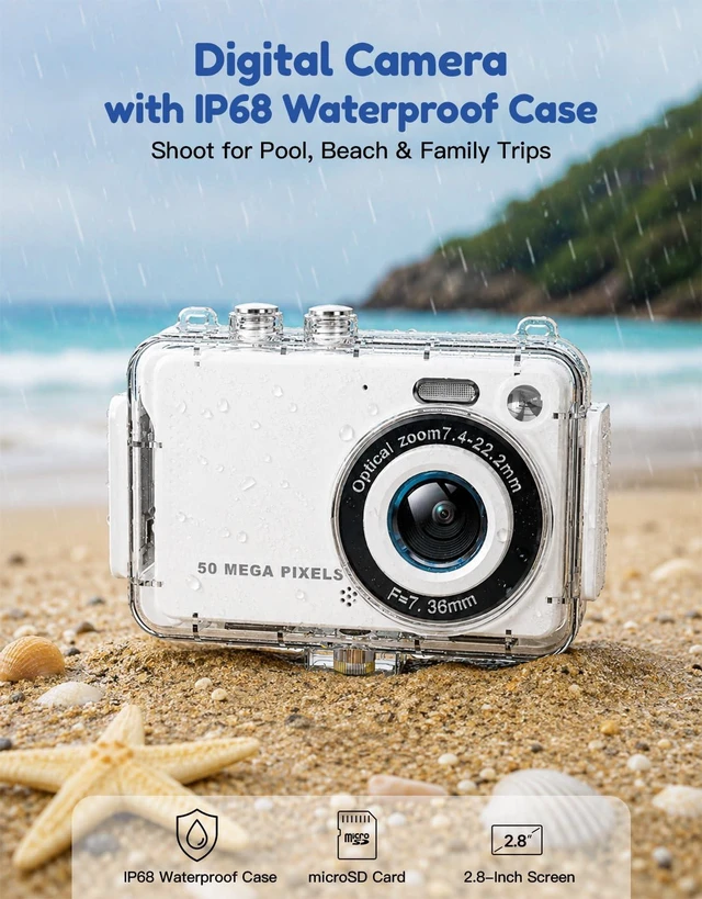 Alt view image 2 of 7 - Kids Camera with Waterproof Case, 4K Vlogging Digital Camera 16X Zoom Autofocus, 50MP Underwater Toddler Camera for Travel, Swimming, Outdoor, Birthday Gifts for 5-16 Year Old Boys Girls