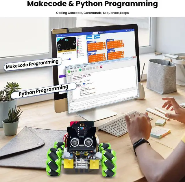 Alt view image 3 of 6 - 4WD Smart Car Coding Robot Kit with Microbit V2 for Makecode and Python, DIY Building Robot Kit for STEM Education 15+, IR Remote/APP Control